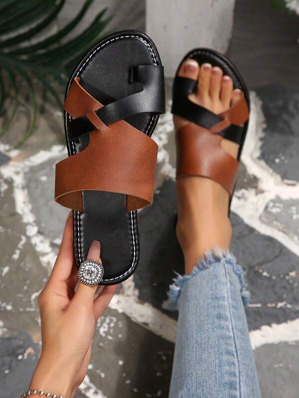 Women's Color Block Flat Toe Ring Slippers, Suitable For Daily, Home, Beach And Other Occasions