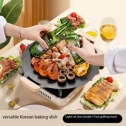 Non-Stick Frying Pan With Heat-Resistant Wooden Handle, Available In 2 Sizes, Multi-Functional Grill And Camping Grill Plate Suitable For Gas Stove, Outdoor Cooking