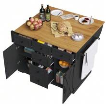 High-Quality Kitchen Island, Multifunctional Serving Cart With Wood Finish And Ample Storage Space, Mobile Sideboard, Kitchen Cart For Dining Room, Living Room, Kitchen, Black Color. - 黑色 - 查看 10