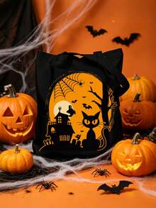 1 pieza Bolsa de tela para Halloween, con asas con diseños de gato negro, fantasma, murciélago, araña y telaraña. Bolsa de compras y monedero de gran capacidad para mujeres. Bolsa de Halloween, perfectamente adecuada para varias fiestas, moda de Halloween y estilo gótico, puede contener libros, bolsas de compras y útiles escolares. - multicolor - Ver 6