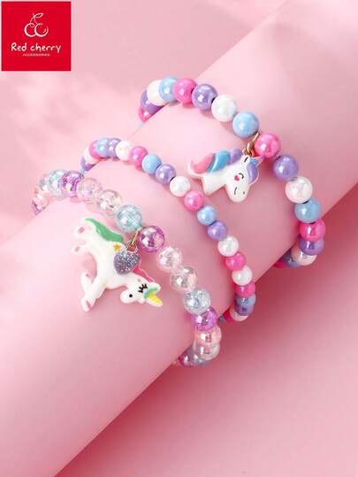 3 cái/bộ Cô gái Nhựa Kỳ lân , Đầy màu sắc Acrylic Hạt Đàn hồi Bộ vòng đeo tay , Thích hợp Đối với Mặc hàng ngày , Đồ trang sức Qủa tặng