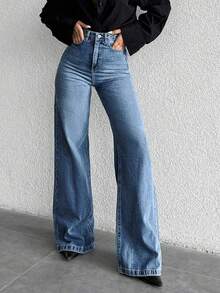 Quần jeans ống rộng cạp cao có túi dành cho nữ tuổi teen, kiểu dáng thoải mái. - Rửa trung bình - Xem 1