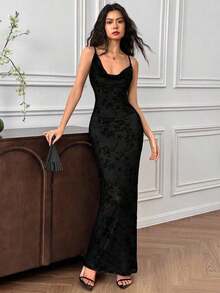 Vestido de malla con escote en la espalda para mujer, vestido largo de ajuste ceñido para uso diario - Negro 3 - Ver 3