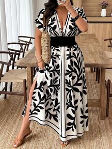 Weeklong Vestido de mujer talla grande con cuello en V profundo y estampado aleatorio - Multicolor 12 - Ver 1
