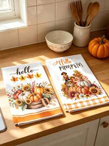 2pcs Pumpkin Autumn Hand Towels, Thanksgiving Gift, Kitchen Decor Towels With Pumpkin & Maple Leaf Embroidery, Suitable For Drying, Cleaning, Cooking, Holidays - Multicolor - View 6