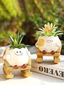 Smiling Face Planter Pot With Cute Rocking Chair Design And Drainage Holes. This Fun Little Planter Is Perfect For Indoor Succulent Planting And Makes A Unique Gift For Plant Lovers. - Multicolor - View 2