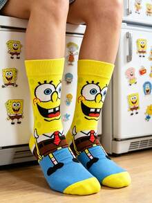 SpongeBob SquarePants 1 Pair Unisex Yellow & Blue Contrast Cartoon Smiling Face Print Mid-Calf Socks, Fun & Casual For All Seasons - Multicolor - View 2