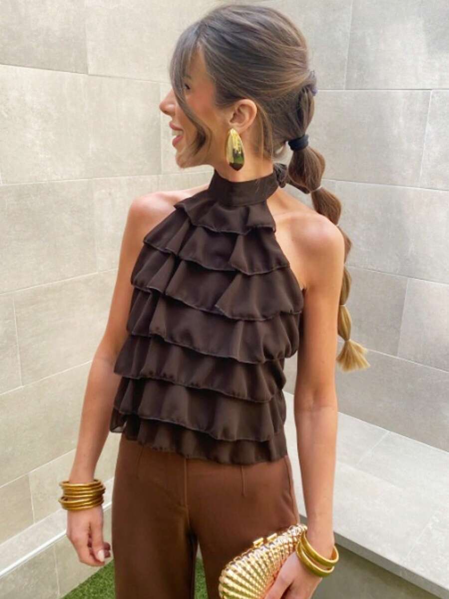 Áo tank top cổ yếm, áo vest gợi cảm, áo xếp bèo cho nữ, áo crop top dự tiệc mùa hè, áo hai dây màu nâu, áo crop top hở lưng, áo trễ vai, áo kiểu Y2K cho nữ, áo casual - Màu nâu Sô-cô-la - Xem 1