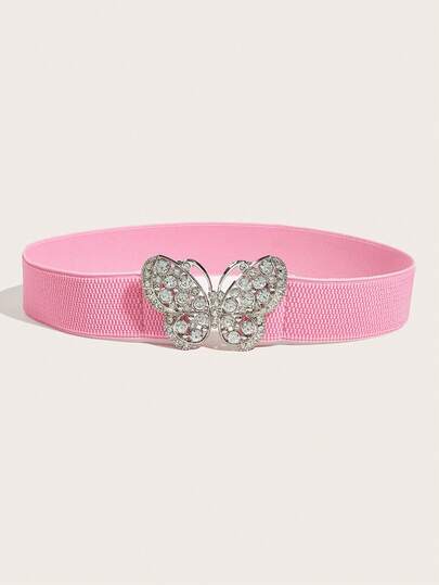 1pc Pink Rhinestone Butterfly Buckle Elastic Adjustable Women Belts, Versatile Waist Cincher Belts, Suitable For Dresses, Pants, Jackets, Ideal For Summer, Dates, Holidays And Parties