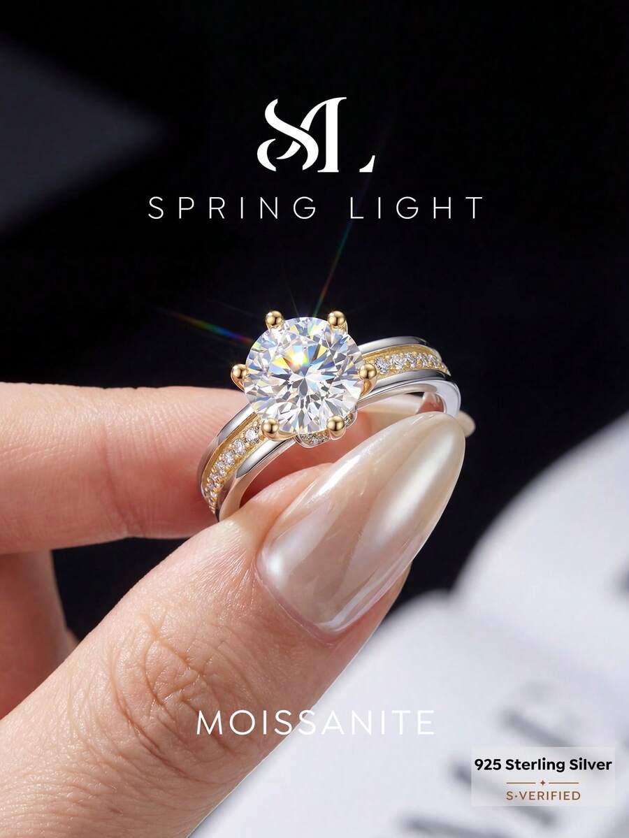 1 chiếc nhẫn Moissanite 6 chấu tối giản 2.0 carat, bạc sterling 925, nhẫn đính hôn/cưới sang trọng, thích hợp làm quà tặng sinh nhật hoặc kỷ niệm cho bạn thân, trang sức cưới. - Nhẫn Moissanite đính kim cương pavé - 2.0ct - Xem 1