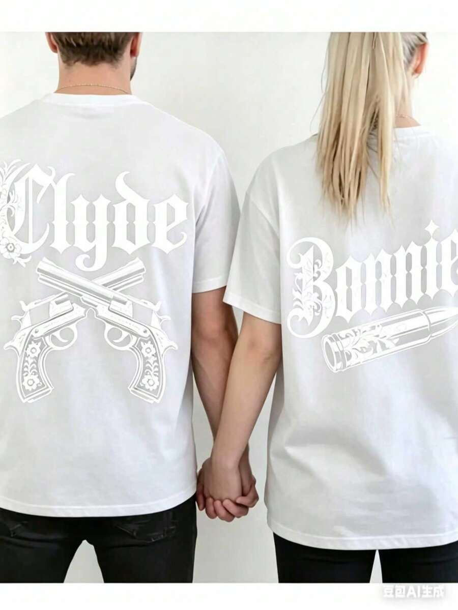 Couple Matching Gothic Bonnie And Clyde Print Hoodie, Unisex 250g Heavyweight Fleece Drawstring Pullover, Valentine's Casual Gift Sweatshirt - 女士款白色 - 查看 1
