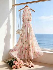 Vestido de mujer con estampado digital, cuello halter y cintura ajustada, adecuado para vacaciones en la playa y viajes - Albaricoque - Ver 2
