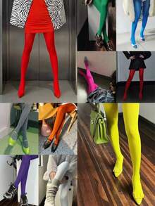 1 Pair Solid Color High Waist Tights Suitable For Matching With Dresses - Multicolor - View 4