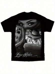 Men's Graphic Shirt Vintage Lowrider Car & Woman Portrait - David Gonzales Artist DGA Signature - Heavyweight Black Tee - Mexican-American Cultural Apparel - Streetwear Essentials - Washable Adult Casual Shirt, Everyday Comfort, Artistic Print, Bold Graphics, Urban Style, Quality Stitching, Printed Shirt, Art Lovers - 黑色 - 查看 7