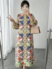 一件女士撞色印花喇叭袖睡袍，优雅奢华的节日派对礼服，适合作为新年、情人节或其他节日礼物送给妈妈、朋友，春季佳品。 - 藍色 - 查看 9