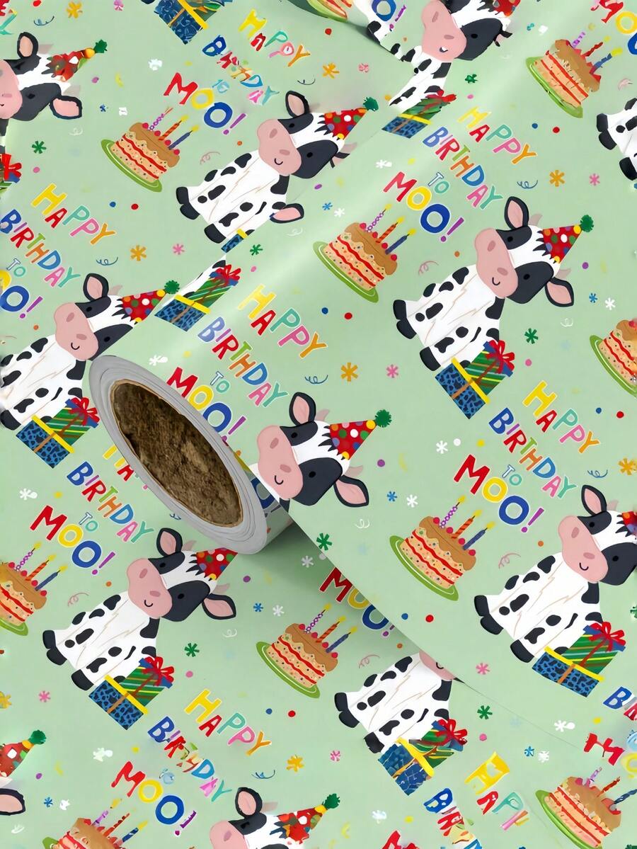 兒童生日包裝紙，綠色背景配戴生日帽的卡通牛，塗層紙 43cm*3m (1 捲)。適用於兒童生日派對、幼兒園畢業禮物、親子主題派對、兒童 DIY 包裝及兒童生日裝飾。