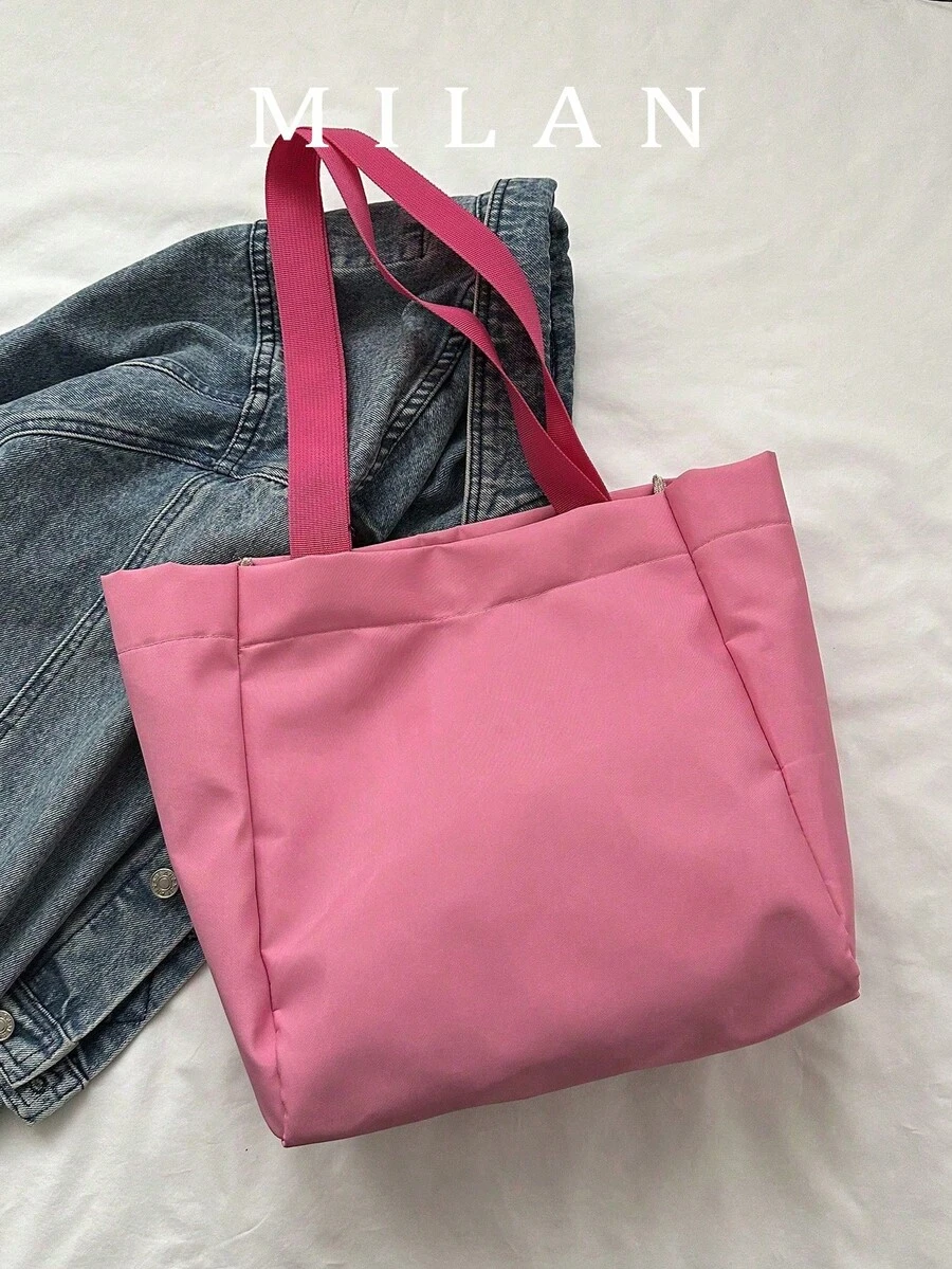 Dopamine Solid Color New Minimalist Large Capacity Glossy Shoulder Tote Bag, Personalized Soft Surface Commuter Handbag - Pink - View 1