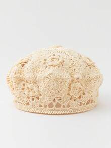 1 chiếc mũ beret nữ thời trang mùa xuân/thu, kiểu dáng rỗng, nhẹ, đan móc thủ công hình hoa hồng, phù hợp với phong cách boho hàng ngày. - A - Xem 10