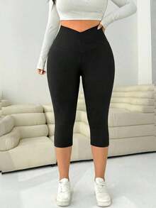 Plus Size Women Black Casual Minimalist Versatile Commute Solid Color Overlap High Waist Elastic Skinny Leggings,Fall Clothes For Women - 黑色 3 - 查看 3