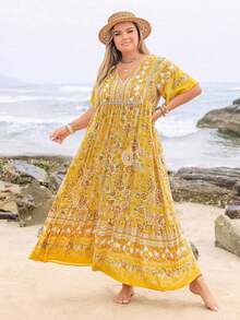 Women Plus Size Floral V-Neck Loose Dress Beach Holiday Summer Party Wedding Season Music Festival Vacation Elegant - 藍色3 - 查看 1