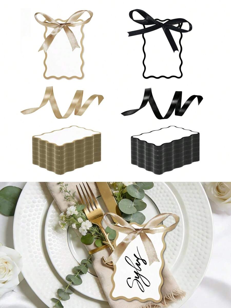 12/24/100 pièces Cartes de place en forme de coquille avec ruban, cartes de nom de table, cartes de siège de mariage DIY avec ruban en polyester, convient pour mariage, anniversaire, banquet - Voir 1
