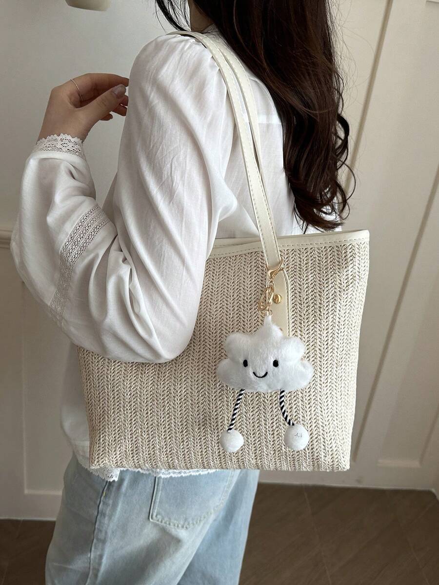 1 Peça Bolsa de Ombro Bege Trançada com Pingente Fofo de Nuvem e Acabamento em Couro PU, Fechamento com Zíper, Estilo Casual de Verão, Adequado para Mulheres, Passeios e Uso Diário - Bege - Visão 1