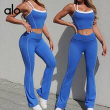 Conjunto de yoga Alo Nude-Feel con espalda descubierta y tirantes, pantalones anchos versátiles y de secado rápido para fitness y deportes, conjunto de top de tirantes + pantalones - Azul - Ver 6