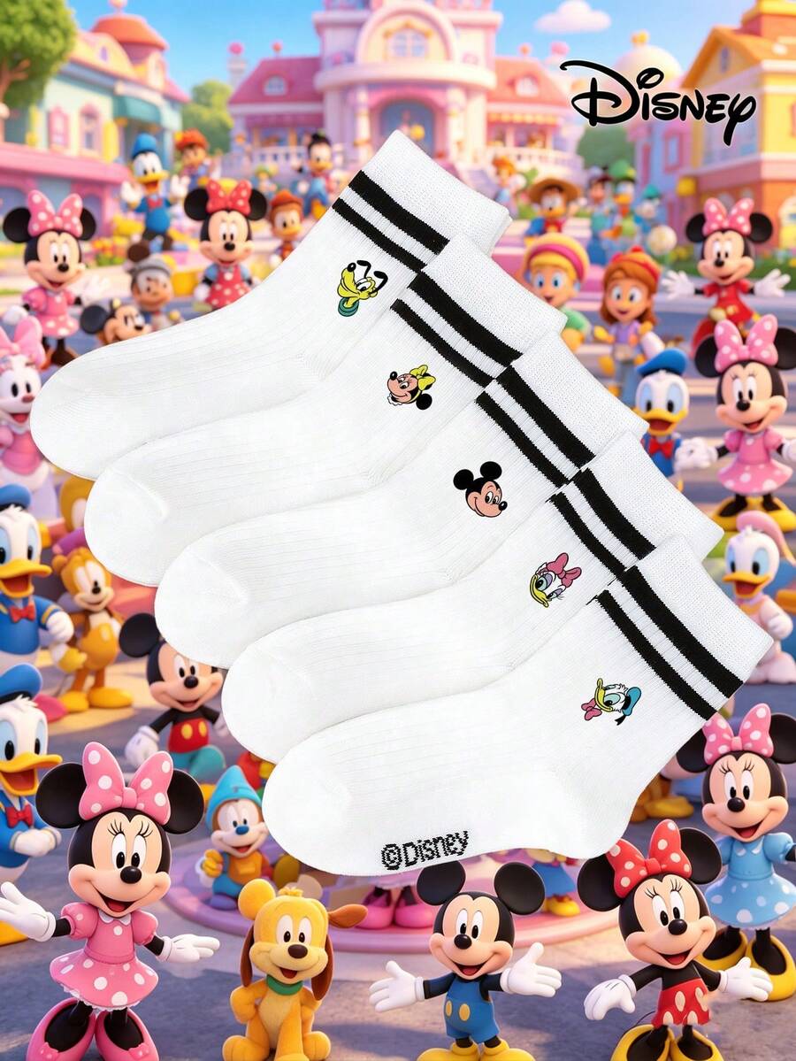 Disney Bộ 5 đôi tất giữ ấm chân in hình nhân vật hoạt hình, họa tiết Stitch/Donald Duck/Daisy Duck, màu trắng với hai sọc. - Nhiều màu - Xem 1