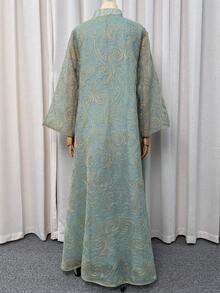 女款亮片刺繡V領洋裝，優雅A字版型長袖洋裝，適合派對、婚禮賓客，穆斯林女士四季穿搭，秋季適用 - 薄荷綠 - 查看 8