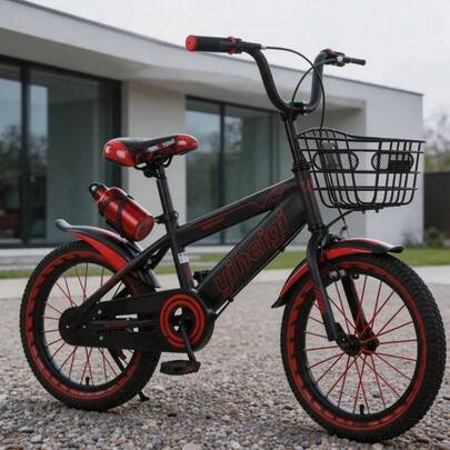16-Zoll Fahrrad in Schwarz und Rot, Kohlenstoffstahlrahmen mit Scheibenbremsen und Pedalen, inklusive Frontkorb, geeignet für tägliches Fahren, Outdoor-Lässig und Pendeln