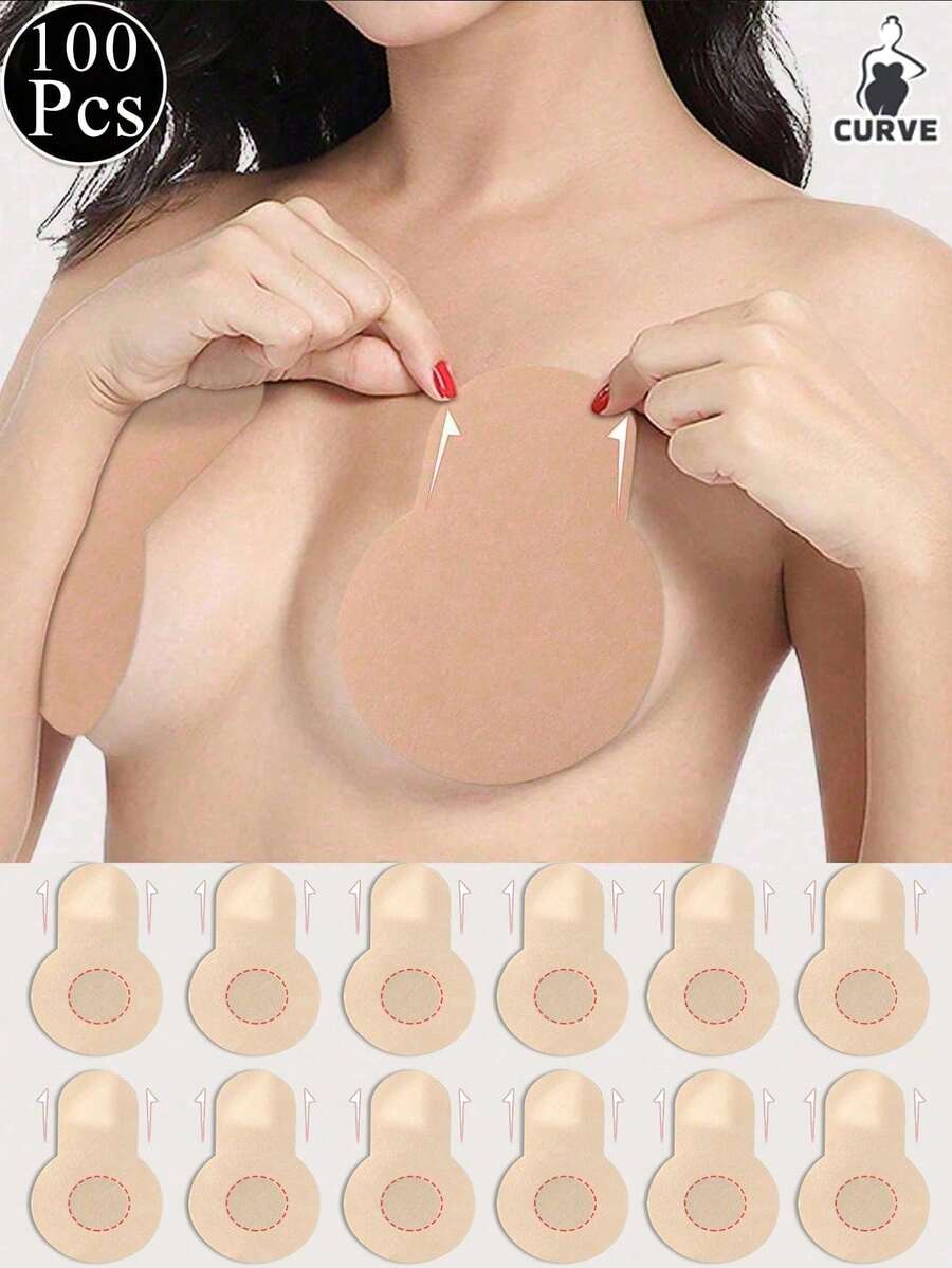 100pcs Plus Size 8cm Self-Adhesive Invisible Nipple Covers, Breathable Thin Breast Petals For Women, Summer, Vacationcore - Khaki - View 1