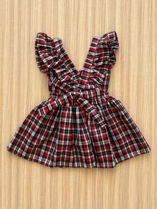 Children's June Festival Dress, Red, Black, And White Checkered Pattern With Back Bow, Sizes 2, 4, And 6 Years Old, Checkered Romper, Country Style, São João Junino - Họa tiết caro đỏ, trắng và đen - Xem 6