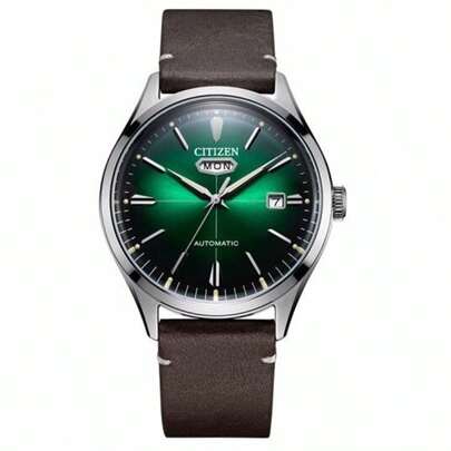 CITIZEN Reloj de hombre / Reloj de pulsera de hombre, reloj de pulsera clásico con movimiento mecánico automático, esfera verde retro a juego con correa de cuero marrón oscuro, pantalla de fecha y semana simple y elegante, adecuado tanto para el transporte como para el uso empresarial para hombres. Movimiento duradero con una textura sobresaliente, un reloj de pulsera que muestra el gusto maduro de los hombres. Es el mejor regalo para niños/hombres. Modelo: NH8390-03XB.