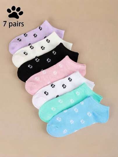 Cat Paw Print Pattern Women's Short Socks, Collegiate Style Versatile Casual Socks