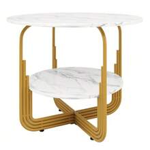 Dining Table Set (5 Pieces), Dining Table Set With 4 Chairs, Modern Kitchen Dining Table Set, 80cm Diameter Round Kitchen Table With Gold Metal Legs, MDF Tabletop With Marble Effect, Grey Dining Chairs - Gold - View 9