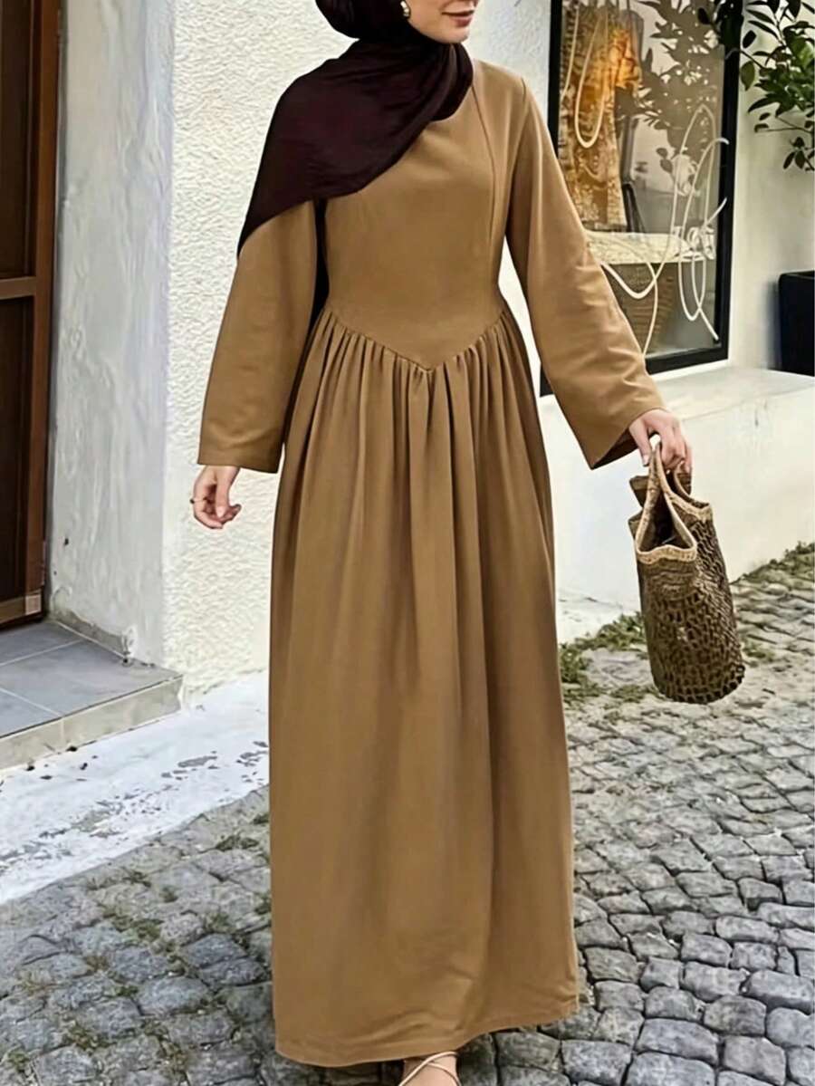 Women's Solid Color Long Arabic Style Dress - Mocha Brown - View 1