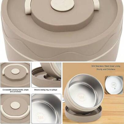 Contenedor de Almuerzo Caliente de 440 Ml, Contenedor de Almuerzo Térmico de Acero Inoxidable, Olla Térmica Portátil, Caja de Doble Capa, (Estilo aislado, café oscuro.)