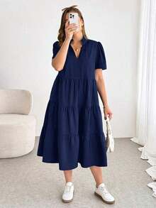 Shapeblank Vestido midi negro básico de manga corta, cómodo y suelto, para uso diario y versátil, de moda casual para mujer talla grande en primavera/verano, vestido de bolsillo, vestido elegante - Azul marino - Ver 4