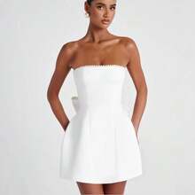Women's Vintage White Mini Tube Top Dress With Pearl Detail, Strapless Asymmetrical Hem Short Dress For Summer Evening - 白色 - 查看 2