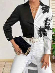 Women's Floral Print Front Twist Satin Blouse Black - Black - View 3