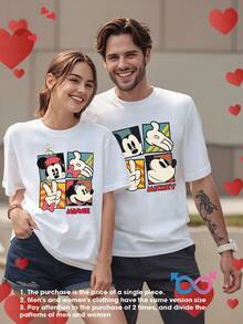 Disney Couple Short-Sleeve T-Shirts, Sold Individually. The Front Features A Print Design With Four Different Expressions And Iconic Poses Of Minnie And Mickey Mouse, Perfect For Summer Casual Wear. Suitable For Both Men And Women, Machine Washable - 男士T卹 - 查看 1