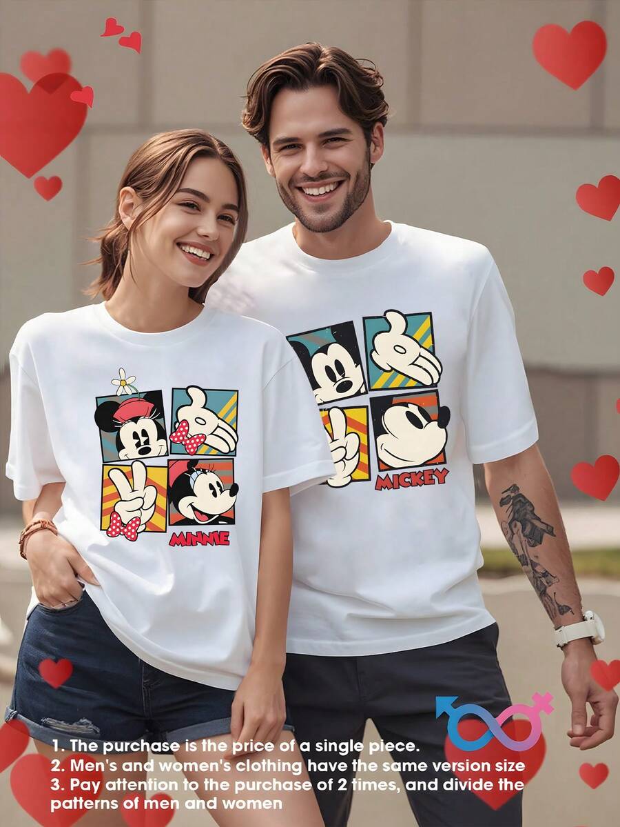 Disney Couple Short-Sleeve T-Shirts, Sold Individually. The Front Features A Print Design With Four Different Expressions And Iconic Poses Of Minnie And Mickey Mouse, Perfect For Summer Casual Wear. Suitable For Both Men And Women, Machine Washable - 男士T卹 - 查看 1
