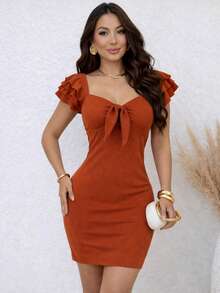 Women's Dress With Tie Detail And Short Sleeves, With Built-In Bra Cups. - 磚 - 查看 1