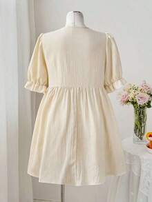 Vestido casual, lindo y retro para fiesta o vacaciones, con cuello en V, encaje, parches, mangas cortas con volantes y cintura con lazo, talla grande - Albaricoque - Ver 2