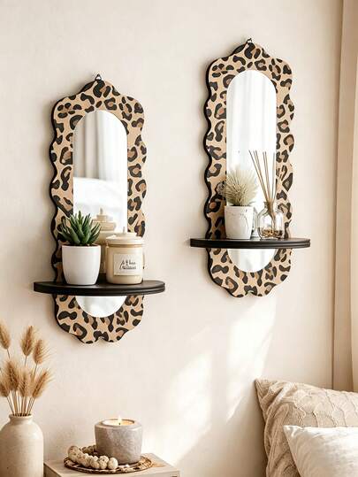 Espejo decorativo con forma de puerta de estilo bohemio con estampado de leopardo, con superficie de acrílico y maceta de madera sólida montada en la pared. Este espejo de almacenamiento colgante sirve como una pieza artística para la entrada o la pared del dormitorio