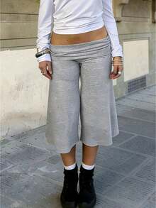 Fold Over Wide Leg Capri Pants For Women Low Rise Lounge Yoga Flare Culottes Y2k Flowy Crop Palazzo Pants - 淺灰色 - 查看 1
