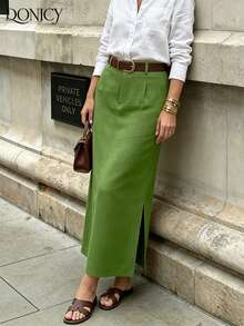 DONICY Women's Green Linen Mid-Length Skirt With Side Slit, Textured Fabric, Suitable For Office Work And Casual Wear In Spring - Green - View 7