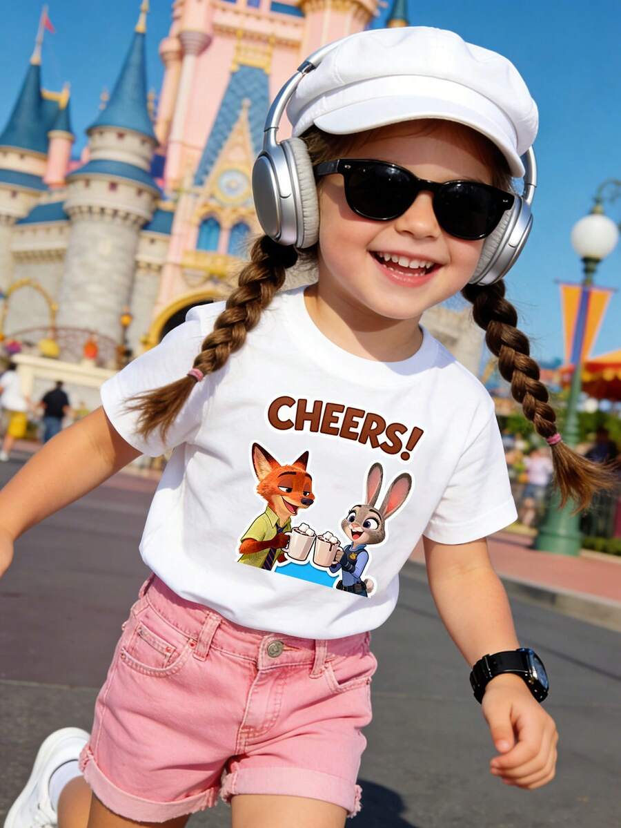 Disney 1pc Baby Girl Kids  Nick Judy Cheers T-Shirt "CHEERS!" Slogan Print Short Sleeve Unisex Summer Casual Top, Baby Girl Clothing Daiy Versatile, Breathable And Sweat-Free, Suitable For Spring/Summer, Vacation, Outdoor Activities, Also As A Kids Gift - trắng - Xem 1