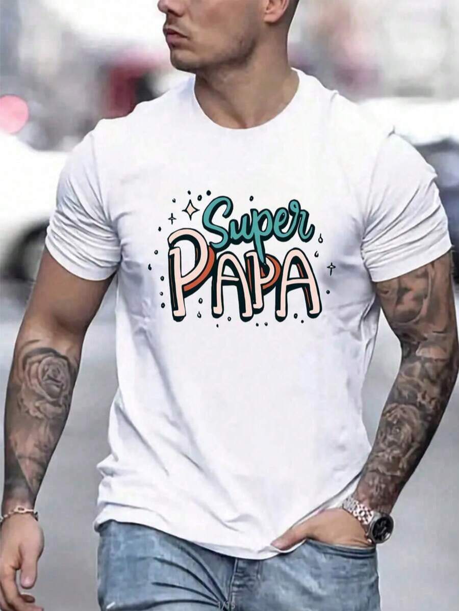 Men's Casual Letter & Star Print Short Sleeve T-Shirt, Summer - White - View 1
