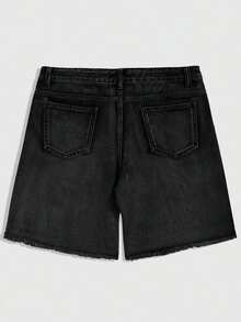 Men's Distressed Black & Grey Rhinestone Star Print Frayed Hem Denim Shorts, Shiny Knee Length Inseam - Black - View 3